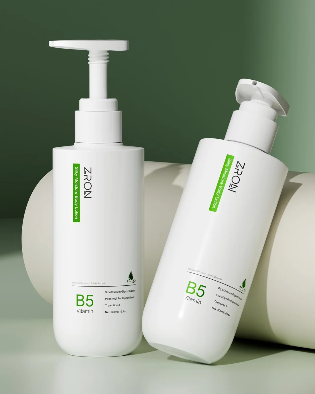 White pump bottle with green accent